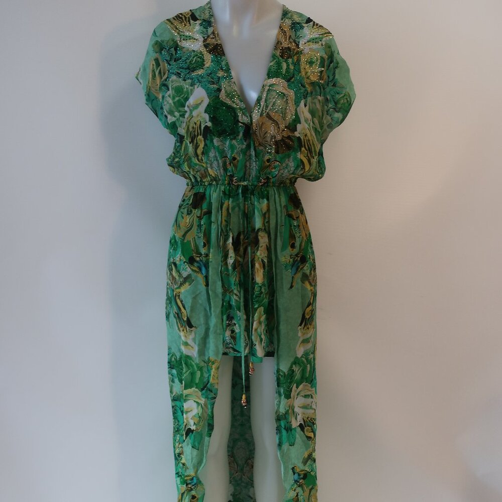 Green Floral Jumpsuit Romper - Lightweight V-Neck